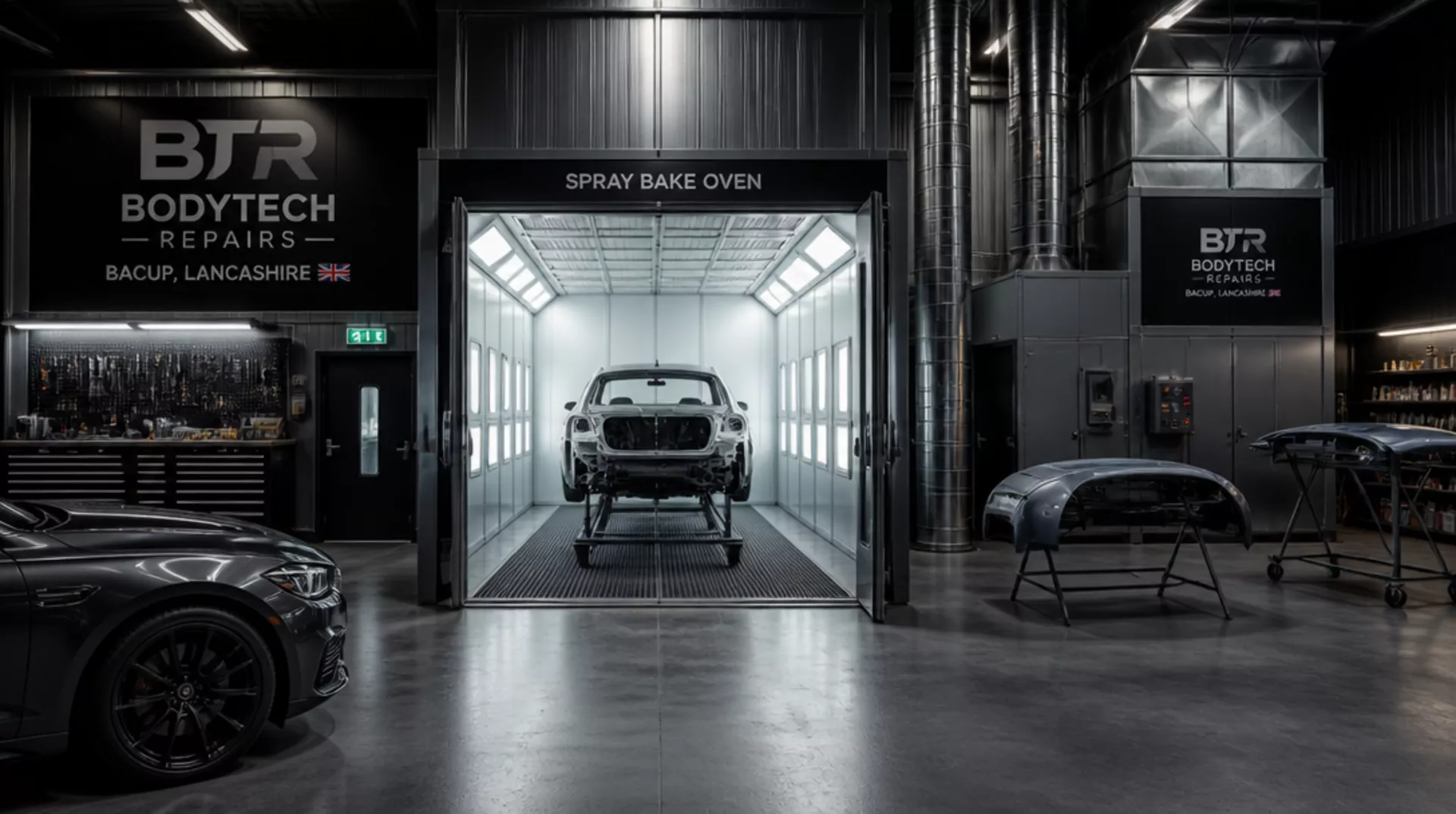 Autoline Car Body Repairs workshop interior in Bacup
